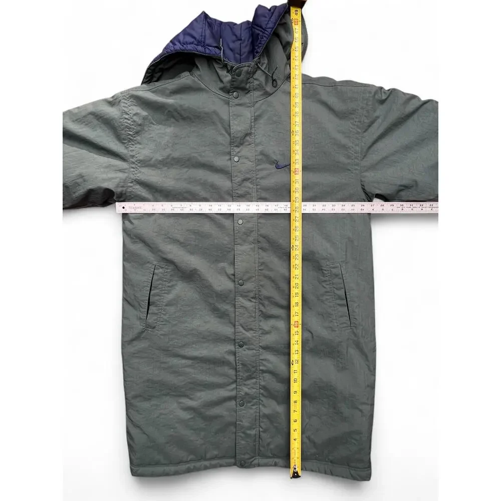 Vintage Nike Swoosh Split Hooded Long Puffer Jacket Parka Coat Green Navy L 90s